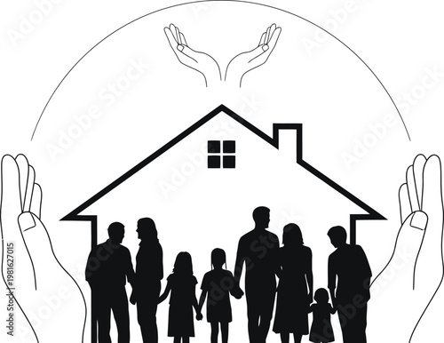 Abstract illustration representing a loving family unit safely protected within their home, symbolizing security, care, and stability for a happy life.