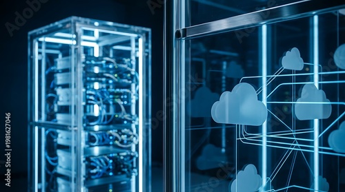 Futuristic Server Rack and Cloud Computing Display in a Data Center.