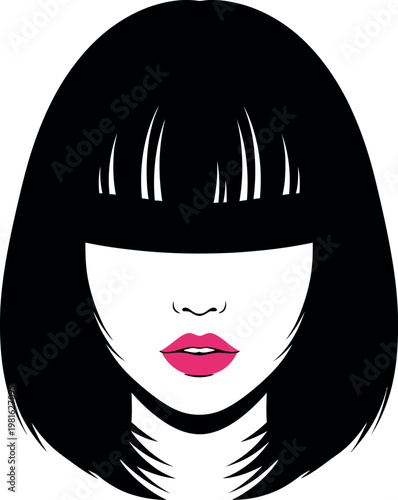 Woman with black bob haircut and bright pink lips wears a veil of dark hair.