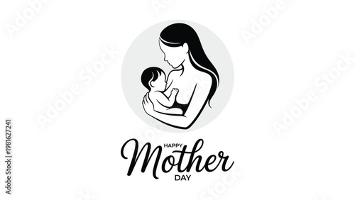 Happy Mothers Day silhouette badge design with mother holding baby elegant typography greeting vector illustration minimal style
