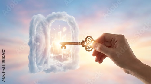 Hand unlocking a glowing cloud with a vintage key symbolizing access to knowledge or success.