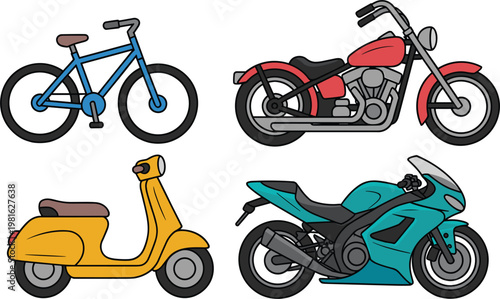 Motorcycle and bicycle icons set, transport vehicles collection vector illustration for urban mobility design