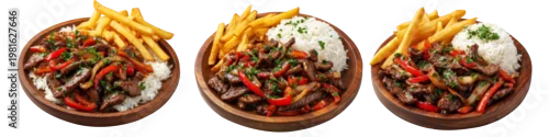 Panel kuchenny z motywem Traditional Peruvian lomo saltado with beef, red peppers, fries, and rice on wooden plate isolated on white transparent background