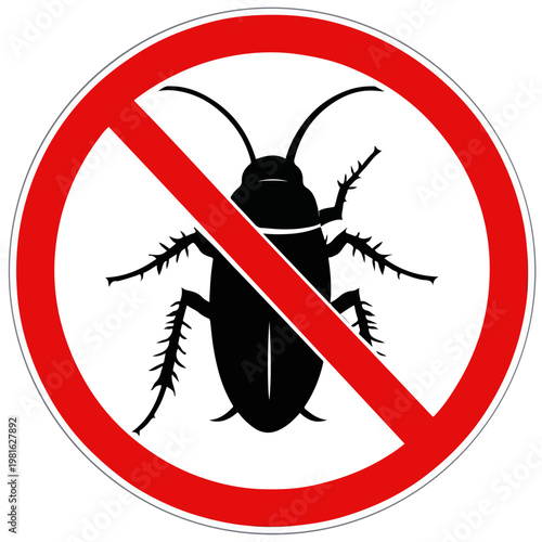 Red circle prohibition sign with black cockroach black insect