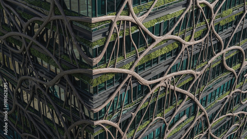 A closeup view of a modern building with a unique exterior design featuring curved wooden structures and lush greenery on the balconies of a high-ris office or residential building with large windows.