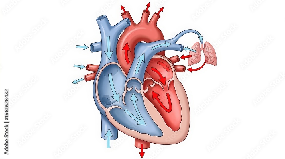 Fototapeta premium Detailed Diagram of Human Heart Circulation Process Showing Blood Flow Pathways and Structure