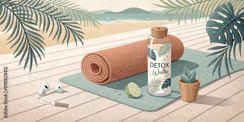 A serene beach scene with a yoga mat, detox water, and tropical leaves on a wooden deck