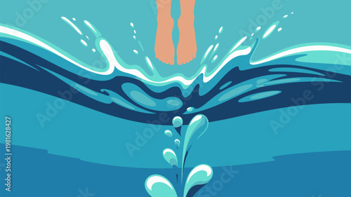 A vector graphic illustration of legs jumping into a body of water with a splash