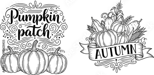 Pumpkin Patch and Autumn Illustration Vector Set with Fall Harvest, Gourds, and Seasonal Typography
