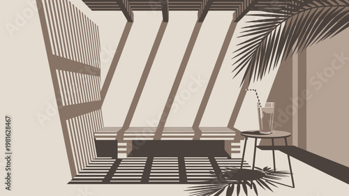 A minimalist vector graphic illustration of a serene outdoor seating area with a palm tree and a refreshing drink
