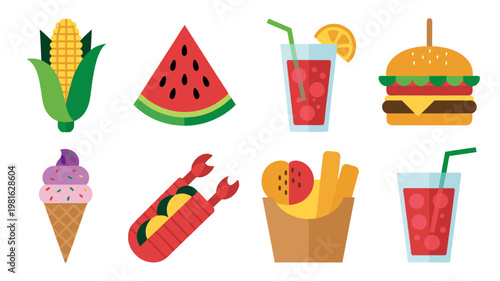 A colorful vector graphic illustration of various summer food icons including corn, watermelon, soda, burger, ice cream, lobster roll, fries, and drink
