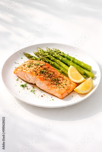 Baked salmon with asparagus and lemon on black plate, gourmet dark food photography style