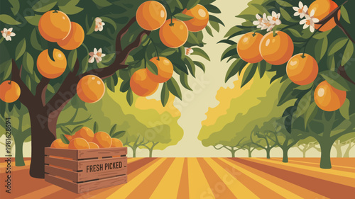A vibrant illustration of an orange orchard with a wooden crate of fresh picked oranges