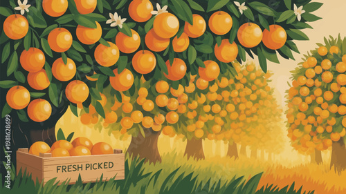 A vibrant illustration of an orange orchard with a crate of fresh picked oranges