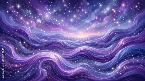 Ethereal Abstract Waves and Starry Sky in Vibrant Purple Tones with Cosmic Elements