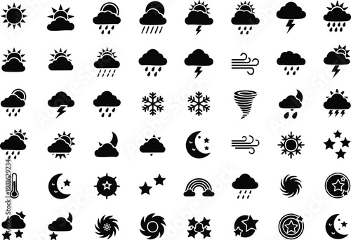 A Comprehensive Collection of Silhouette Vector Weather Icons Sun, Clouds, Rain, Snow, Storms, and More
