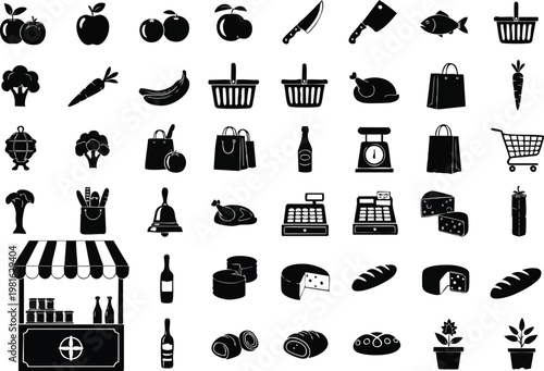 Black silhouette and vector icons of food and shopping items, a comprehensive collection