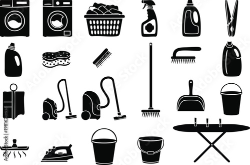 Household cleaning tools and supplies silhouette vector icons for laundry and general housekeeping tasks