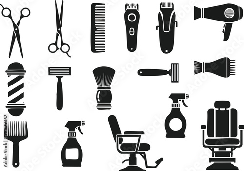 Barber shop equipment silhouette vector set, a collection of grooming and styling tools