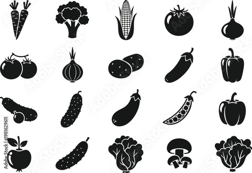 Diverse collection of fresh vegetable icons in silhouette vector style for healthy eating and cooking