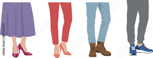 Cartoon fashion outfits in colorful vector illustration of clothing and footwear styles