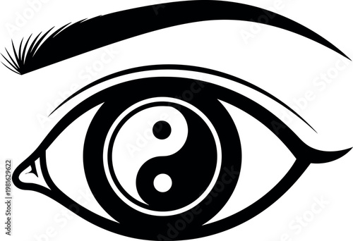 Spiritual yin yang eye vector, mystical vision symbol, zen balance iris icon, black and white art