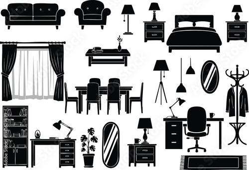 Collection of silhouette vector furniture and home decor elements for interior design
