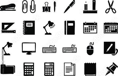 Collection of Office Supplies Silhouette Vector Icons, Essential Tools for Work and Study