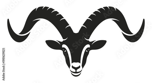 Black goat head with long horns.