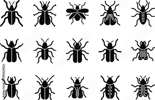 Collection of insect silhouette vector illustrations, diverse bug designs, detailed arthropod icons
