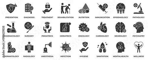 Healthcare Icon Set. With icon healthcare, prevention, diagnosis, treatment, rehabilitation, nutrition, immunization, epidemiology, pharmacology and surgery. Glyph Style Icon Vector Illustration.