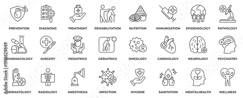 Healthcare Icon Set. With icon healthcare, prevention, diagnosis, treatment, rehabilitation, nutrition, immunization, epidemiology, pharmacology and surgery. Outline Style Icon Vector Illustration.