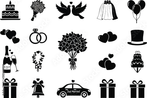 Wedding silhouette vector icons, beautiful symbols for ceremonies and celebrations, collection of graphic elements