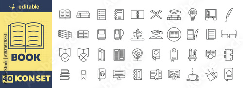 A set of editable book icons in a simple line style
