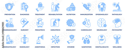 Healthcare Icon Set. With icon healthcare, prevention, diagnosis, treatment, rehabilitation, nutrition, immunization, epidemiology, pharmacology and surgery. Blue Style Icon Vector Illustration.