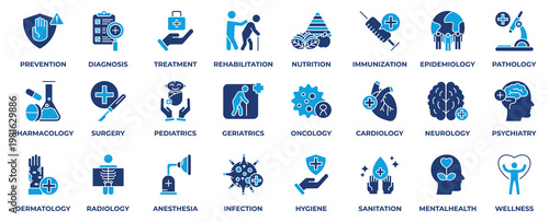 Healthcare Icon Set. With icon healthcare, prevention, diagnosis, treatment, rehabilitation, nutrition, immunization, epidemiology, pharmacology and surgery. Flat Blue Style Icon Vector Illustration.