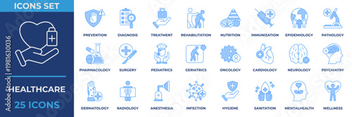 Healthcare Icon Set Collection. Containing healthcare, prevention, diagnosis, treatment, rehabilitation, nutrition, immunization, epidemiology, pharmacology and surgery. Blue Icon Vector Illustration.
