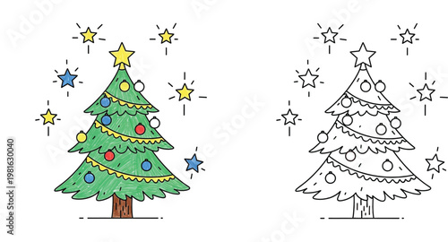 Hand-drawn Christmas Tree with Stars in Crayon Color and Black Outline for Kids Coloring Page and Holiday Activity Illustration