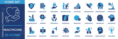 Healthcare Icon Set Collection. Containing healthcare, prevention, diagnosis, treatment, rehabilitation, nutrition, immunization, sanitation, pharmacology and surgery. Flat Icon Vector Illustration.
