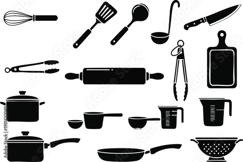 Kitchen utensil silhouette vector illustration, collection of cooking tools and equipment