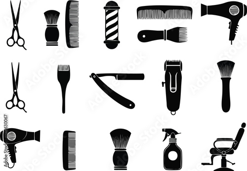 Collection of barber shop silhouette vector icons for grooming and styling