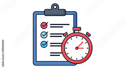 Simple vector illustration of a clipboard with checkmarks and a stopwatch for efficient project task management