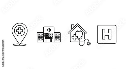 Diverse collection of medical and hospital location vector graphic outline icons for healthcare services.