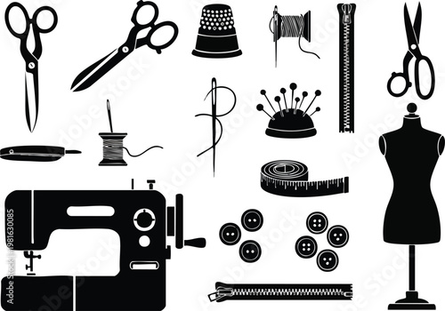 Vector silhouette set of sewing and tailoring tools, crafting and fashion design elements
