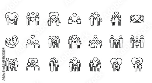 Diverse vector graphic illustration set of loving couples and families depicting various affectionate relationships.
