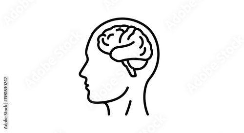 Simple black line art vector illustration of a human head containing a detailed organic brain shape