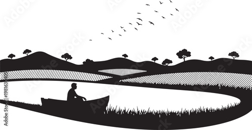 Black silhouette, man in boat, serene landscape, vector illustration, river scene, peaceful atmosphere