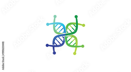 Modern vector illustration featuring four interlocking dna helix structures in vibrant green and blue hues.