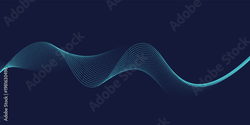 Flowing dots particles wave pattern in blue green colors. Vector curve light line. Abstract background banner design for music, Ai technology, neural network concept