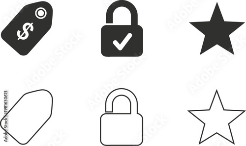 Security and access icons keys locks and stars in black and white